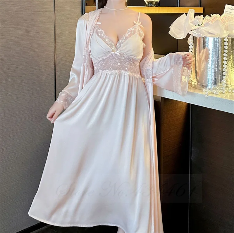 Spring Autumn Female Sleepwear Long Nighty&Robe Set Nightgown Sexy Lace Suspender Nightdress Intimate Lingerie Satin Homewear