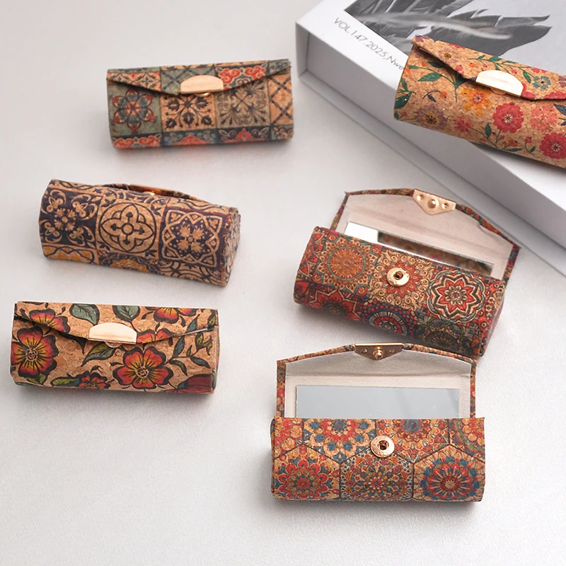 8pcs Small Bags Women Cork Leather Retro National Lipstick Holder Storage Bag With Mirror