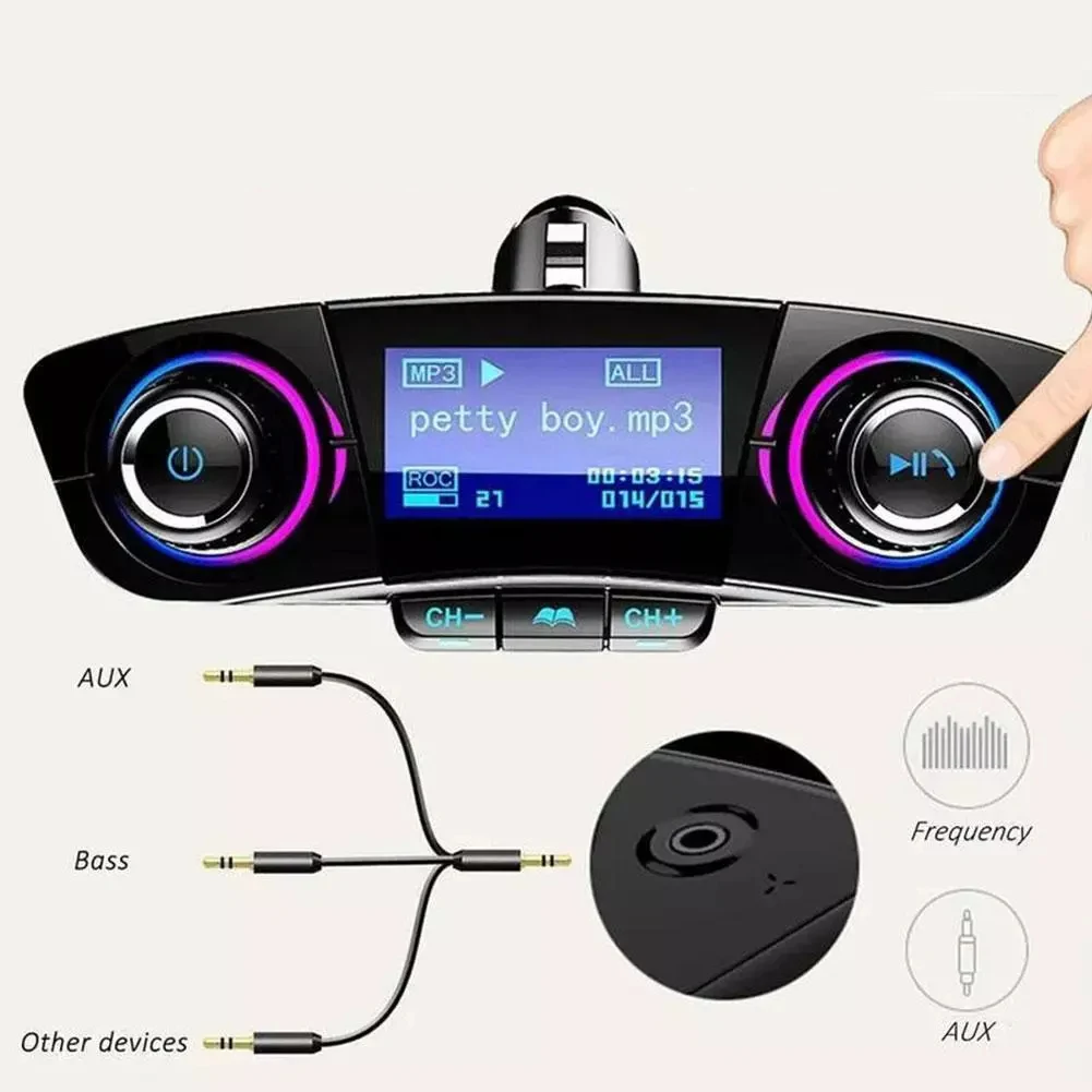 شاحن سيارة FM، جهاز إرسال FM لاسلكي، ذاكرة إيقاف التشغيل التلقائي، شاشة رقمية، شاشة LED، لغات متعددة، يدعم صوت السيارة
