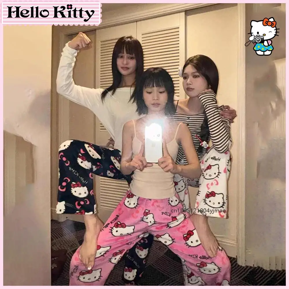 

Фланелевая пижама Hello Kitty, теплые штаны, аниме Sanrio, женская зимняя флисовая повседневная домашняя одежда, брюки Y2K, одежда для отдыха для девочек, подарок для девочек