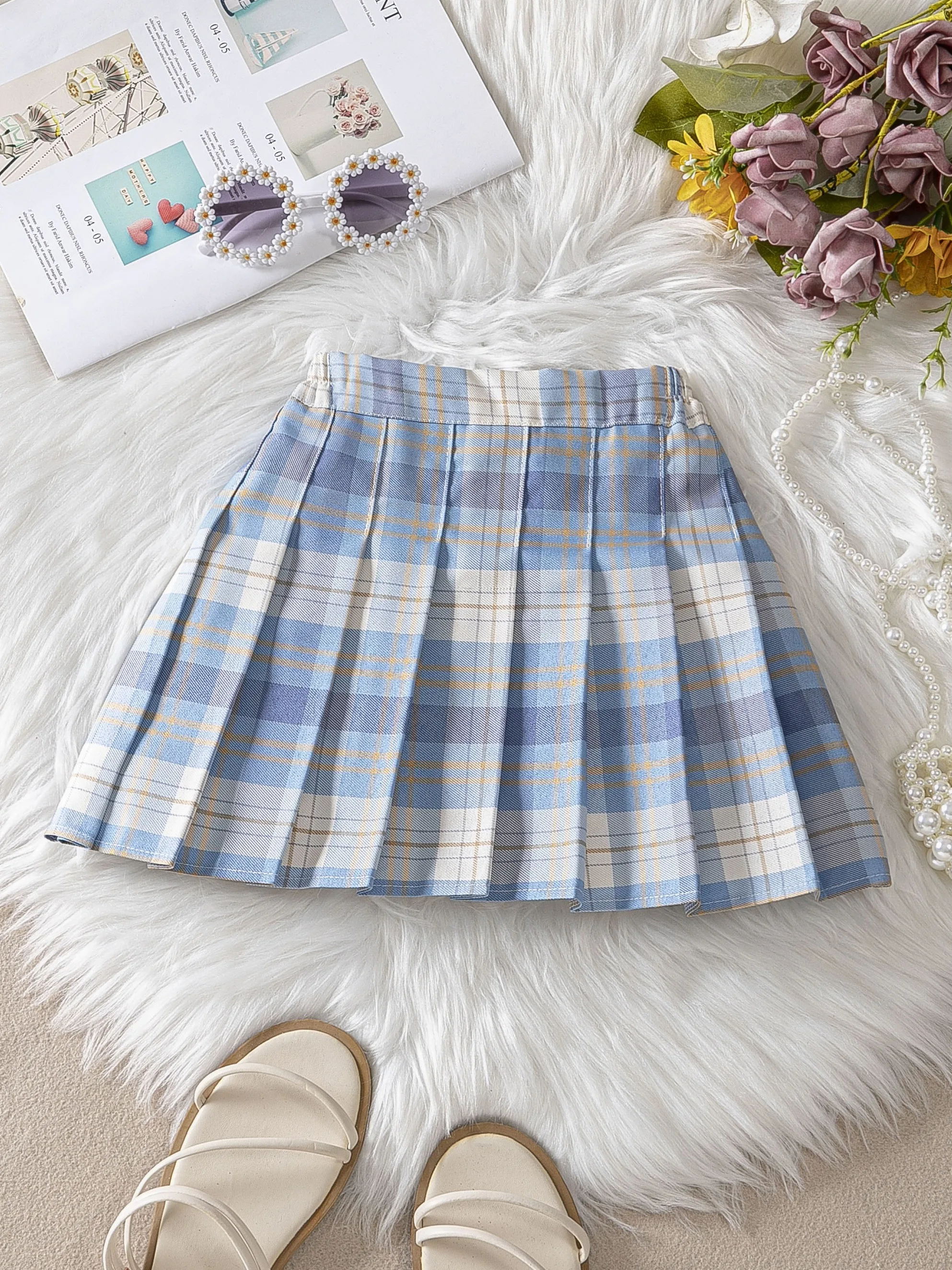 Girls Pleated Skirt, Kidsren\'s Four-Season Short Skirt, Versatile Girl\'s A-Line Skirt, Medium and Large Kidsren\'s Skirt, Summer Plaid Multi-Color