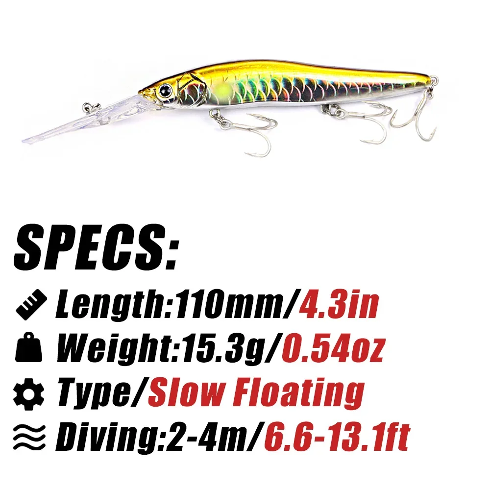 B&U 110mm Deep Diving Slow Floating Minnow Wobbler Lure Artificial Hard Bait Crankbait Bass Pike Walleye Perch Fishing Gear