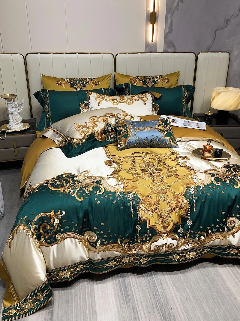 High Precision Vintage Brocade Egyptian Cotton Gold Embroidered Bedding Set Quilt Cover Set Bed Linen Bedspread Pillowcases