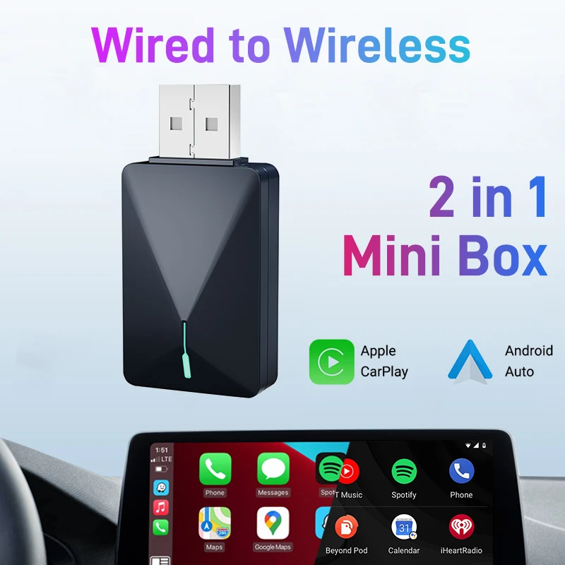 2in1 Mini Box Wired to Wireless CarPlay and Android Auto 5GHz WiFi5 Transmission Speed Plug and Play Fashionable and Portable