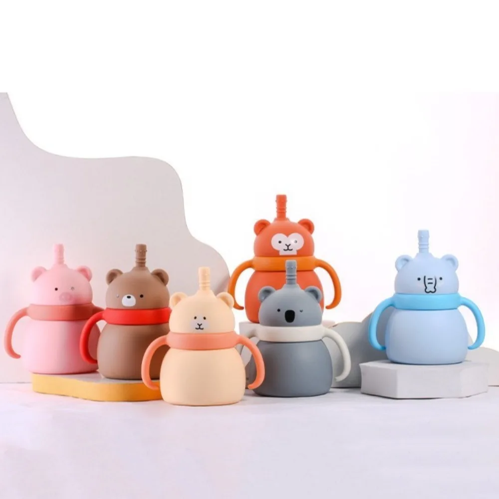 100ML Sippy Baby Cup Cartoon Animals Leakproof Baby Training Cup Non-Slip Grip with Handles Drinking Cups with Straws Baby Stuff