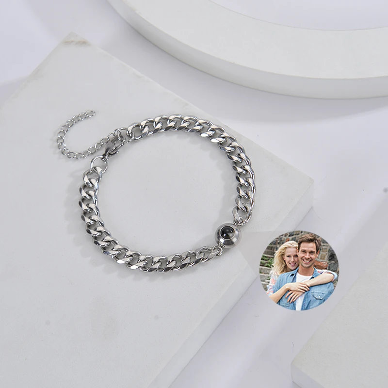 Personalisiertes Armband mit Bild im Inneren, Titan-Stahl Kubanische Gliederkette Armband mit Individueller Fotoprojektion für Männer und Frauen – Detail 7