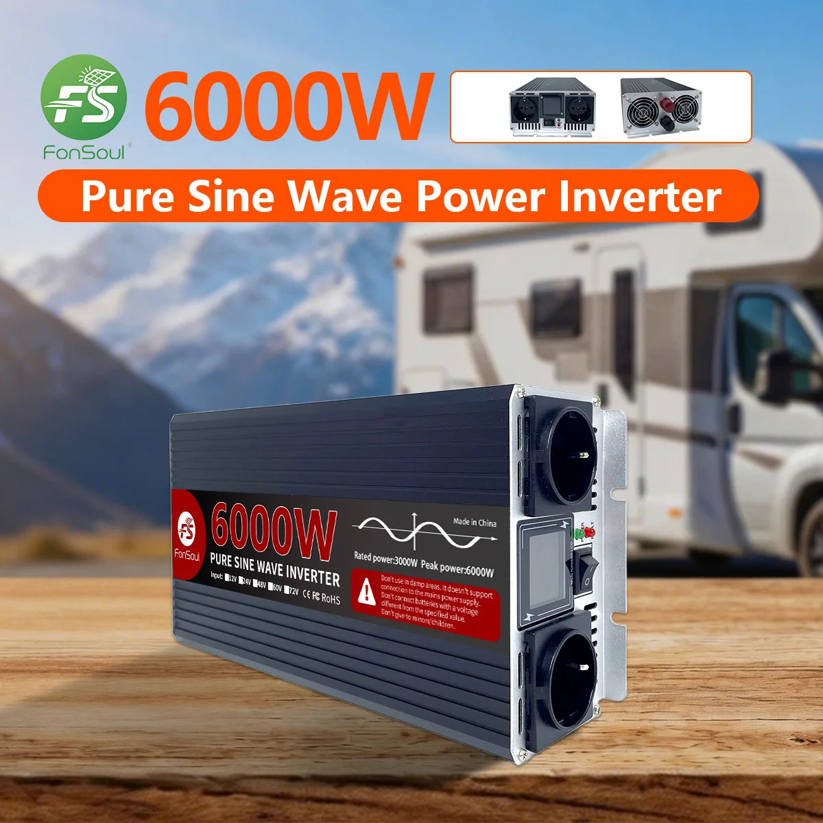 Fonsoul 6000W 12V 24V to 110V 220V Pure Sine Wave Solar Inverter 2 Universal EuropeOutlet for Solar Automobile RV Home Appliance