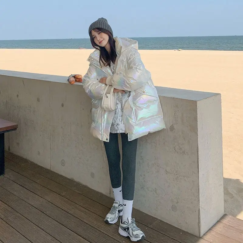 韓国の女性用ゆったりとしたカラフルな綿服、冬のファッション、気品のある新しいコート、光沢のある厚手の綿服