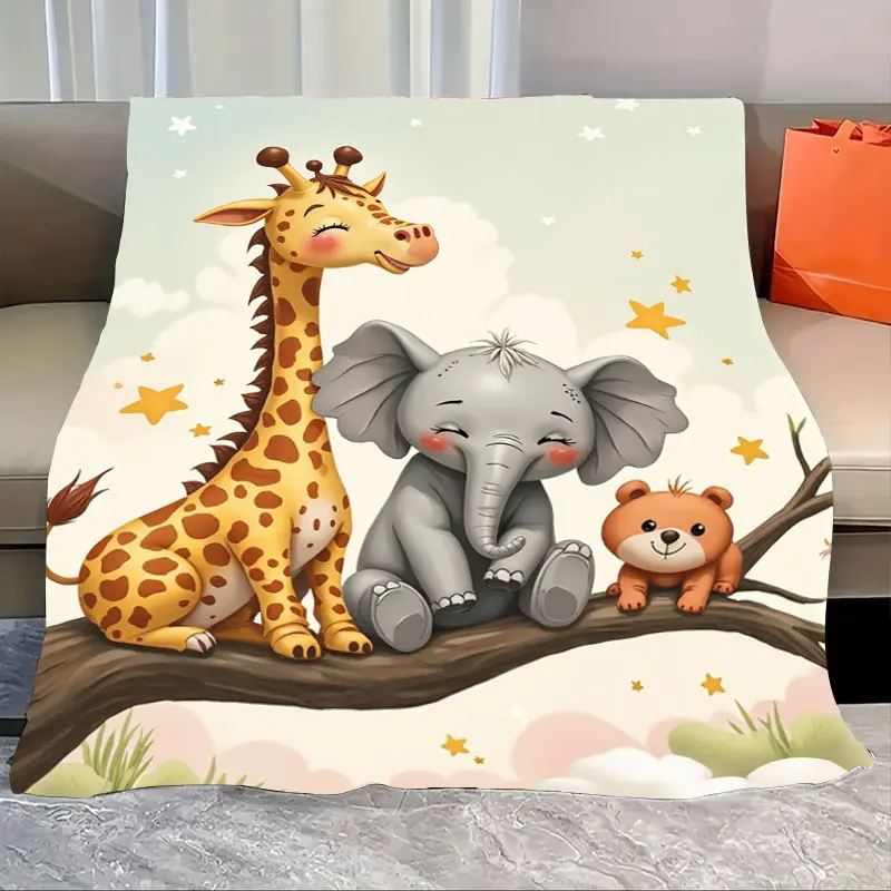 

1 шт. фланелевое одеяло с милыми животными сафари - жираф, слон и медведь на ветке дерева