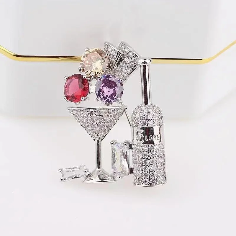 Creative Cocktail Glass Micro-inlaid Zircon Brooch Fashion Temperament Corsage Pin Trend Accessories Brooch