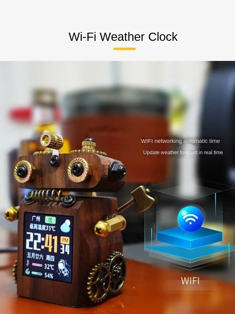 Smart weather forecast Clock ornament Punk robot Technology table with color screen Electronic stock album Wooden gift