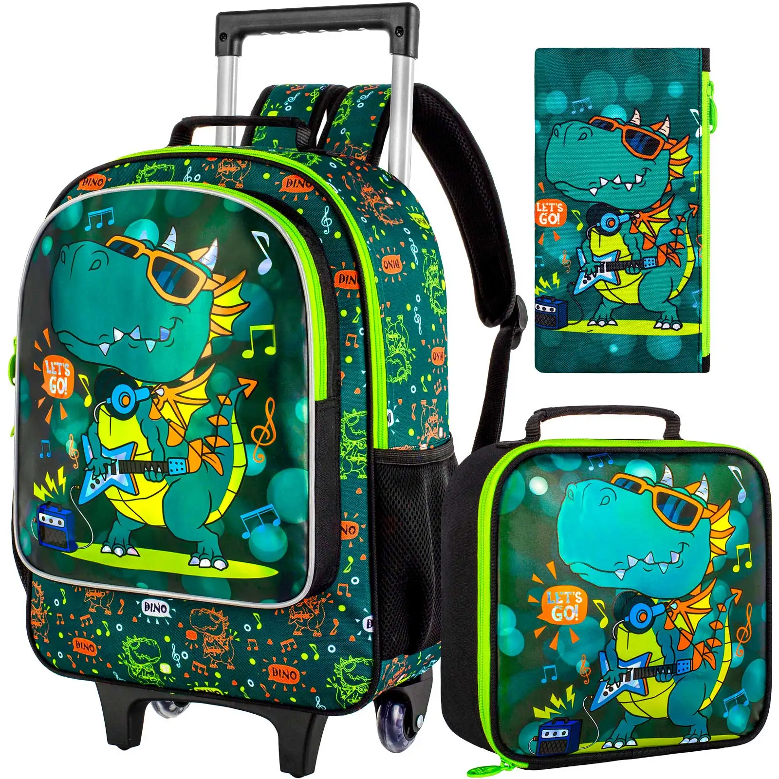 3Pcs Dinosaur Rolling Backpack for Boys, Kids School Backpacks with Wheels, Roller Bookbag with Lunch Box for Elementary