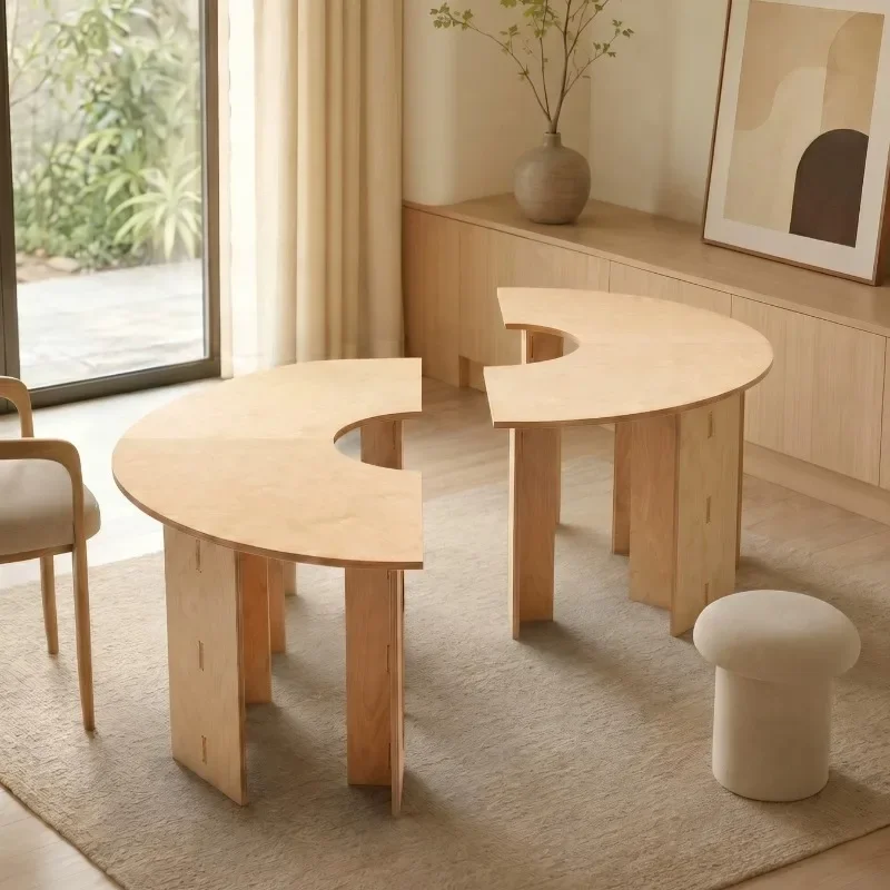 Crescent Wood Coffee Table Birch Arc Semicircle Split Side Table Interlock Minimalist  Living Room Accent End Table
