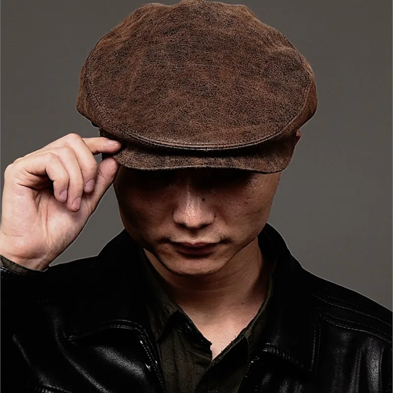 Vintage leather forward hat for men and women Autumn winter art painter Beret newsboy Middle-aged elderly peaked cap