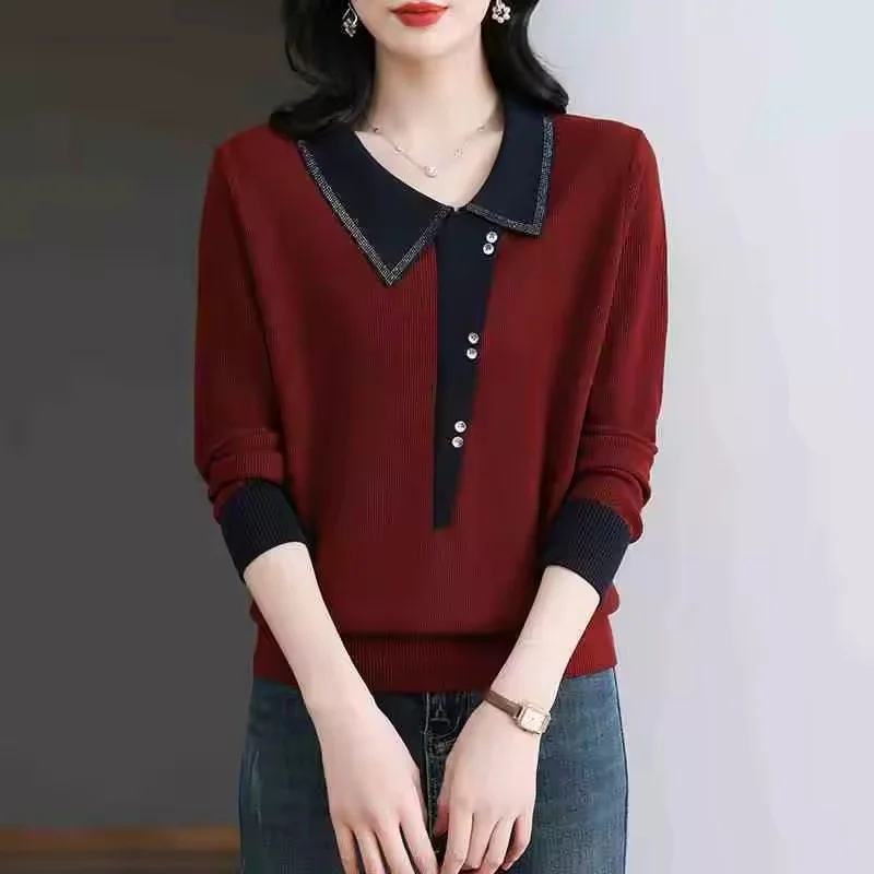 

Присоединяйтесь вместе Свитер с лацканами Топ Женский вязаный свитер Модный пуловер Рубашка Новая весенне-осенняя свободная базовая рубашка для женщин