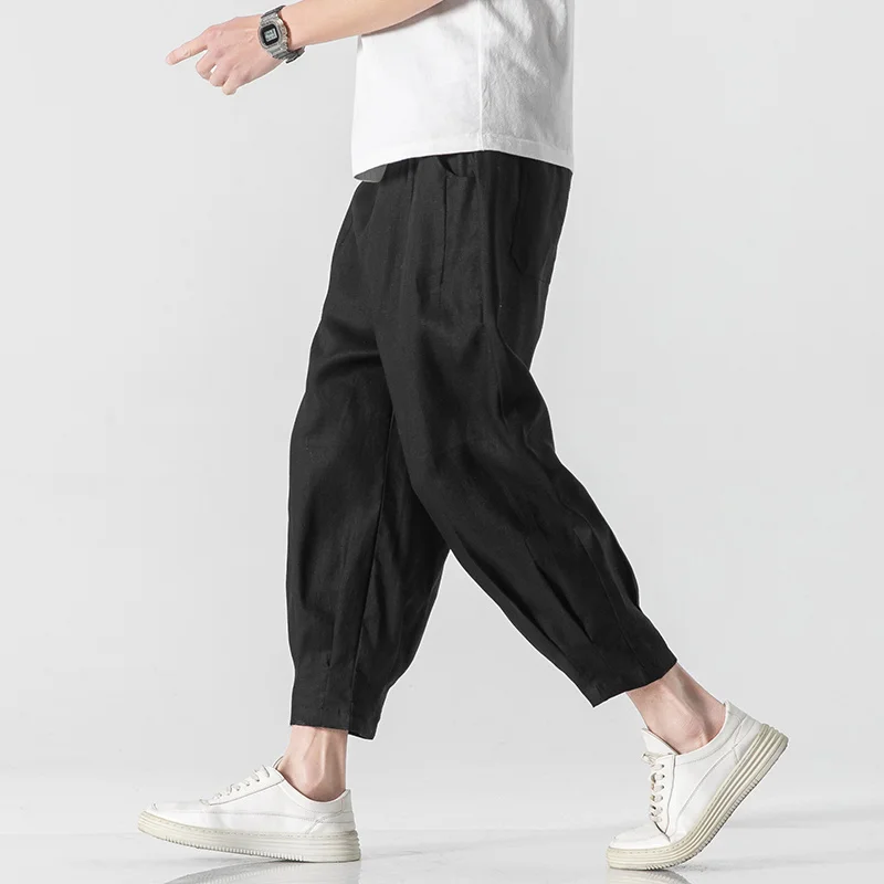 

Spring Summer Chinese Style Cotton Linen Radish Pants Loose Plus Size Ninth Pants Men Clothing Harajuku Casual Pants Male