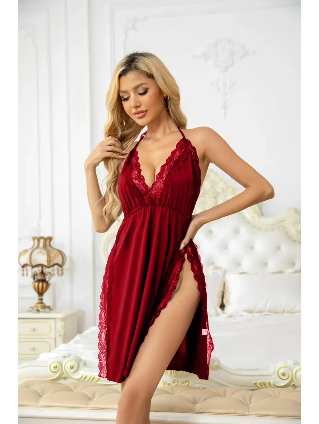 Nuevo camisón de mujer con tirantes para el cuello, vestido sin espalda con abertura, lencería de cintura alta, ropa de dormir con escote en V profundo, detalles de encaje y satén, ideal para usar en casa.