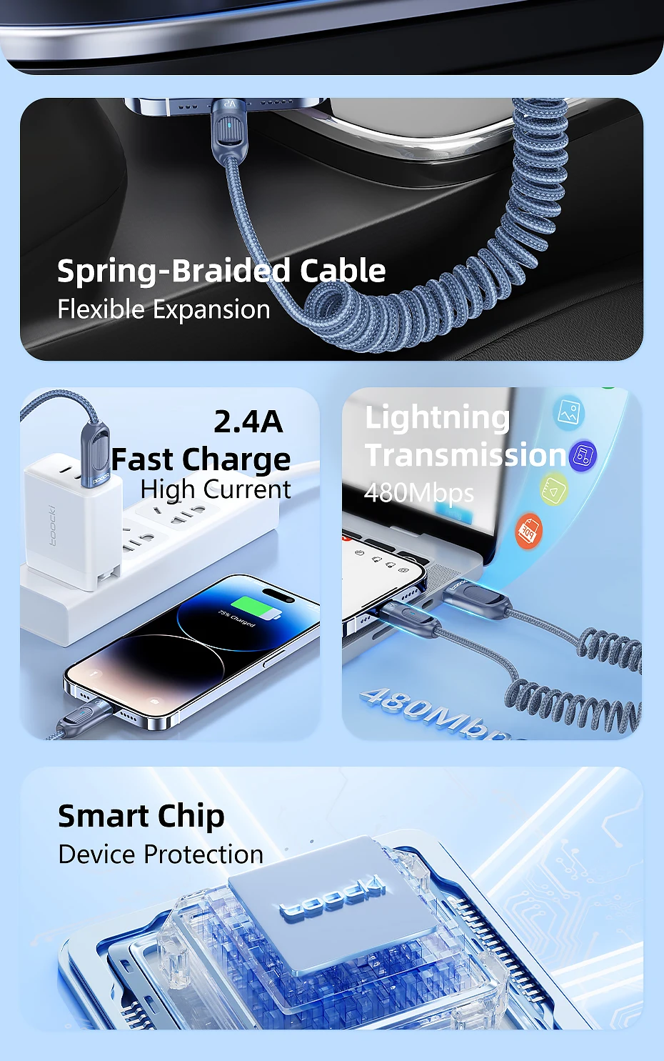 Toocki Auto-USB-Lightning-Kabel 2.4A, spiralförmiges, teleskopisches Schnellladekabel für iPhone 14 13 12 Pro Max 8 7 Lightning-Ladekabel – Detail 2