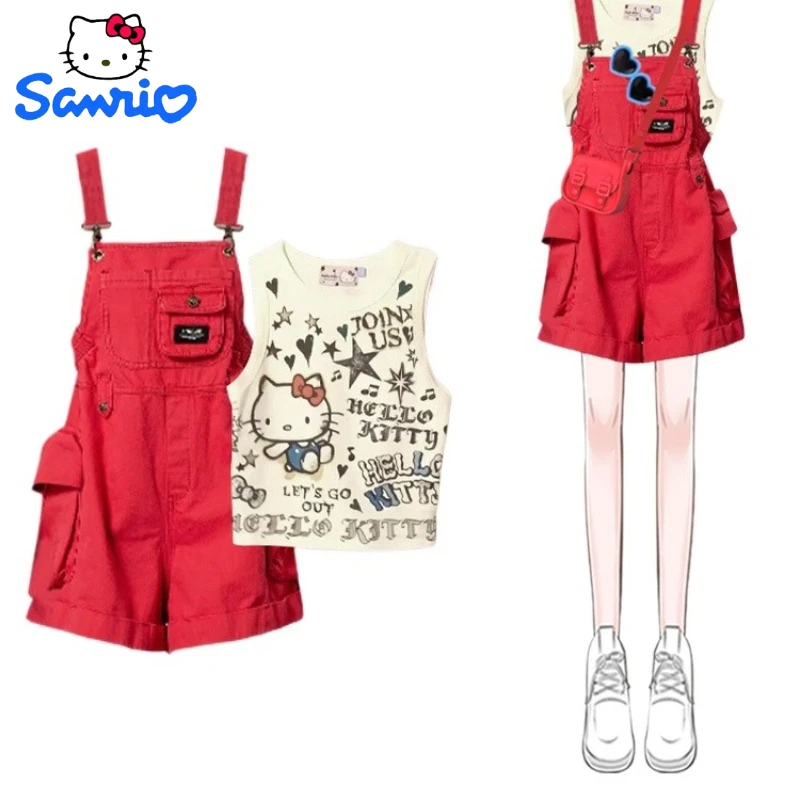 

Sanrio Hello Kitty cartoon cute overalls creative Kawaii girls summer vest short sleeved shorts set anime peripheral gift