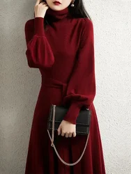 Turtleneck Women Warm Knit Sweater Dress 2024 Autumn Winter Lantern Sleeve Knitted Dress Burgundy Black Long Party Dresses
