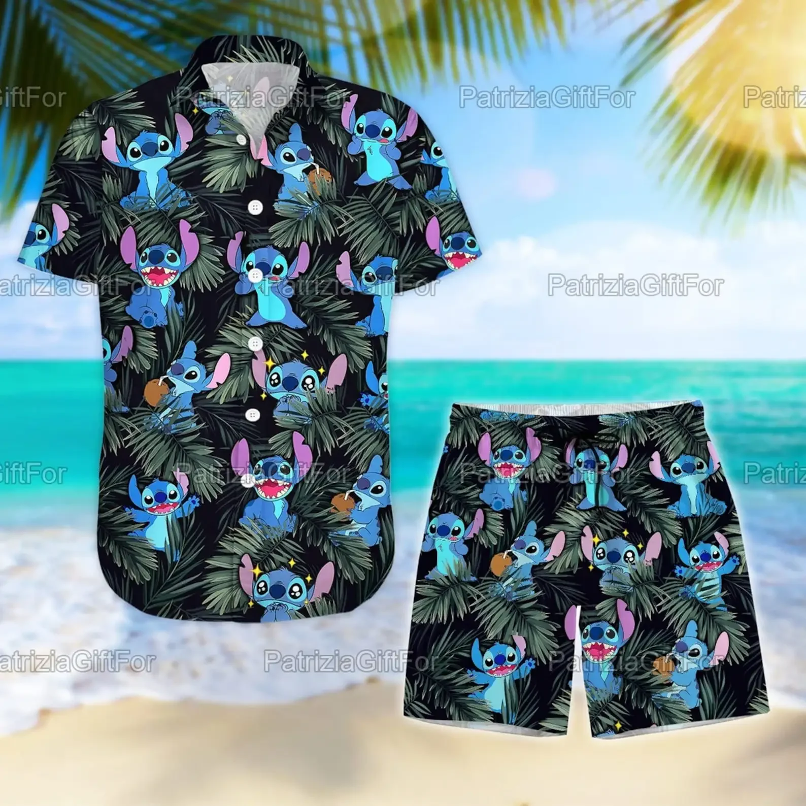 Disney Stitch Men Women Hawaiian Shirt Set of 2 Vintage Button Up Shirt Board Shorts Casual Set Summer Disney Hawaiian Shirt Set