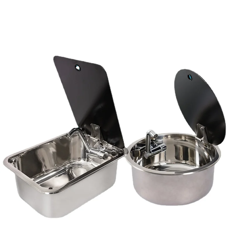 RV Sink for Caravan Round & Square Stainless Steel Hand Wash Basin Sink with Tempered Glass Lid Camper Accessories