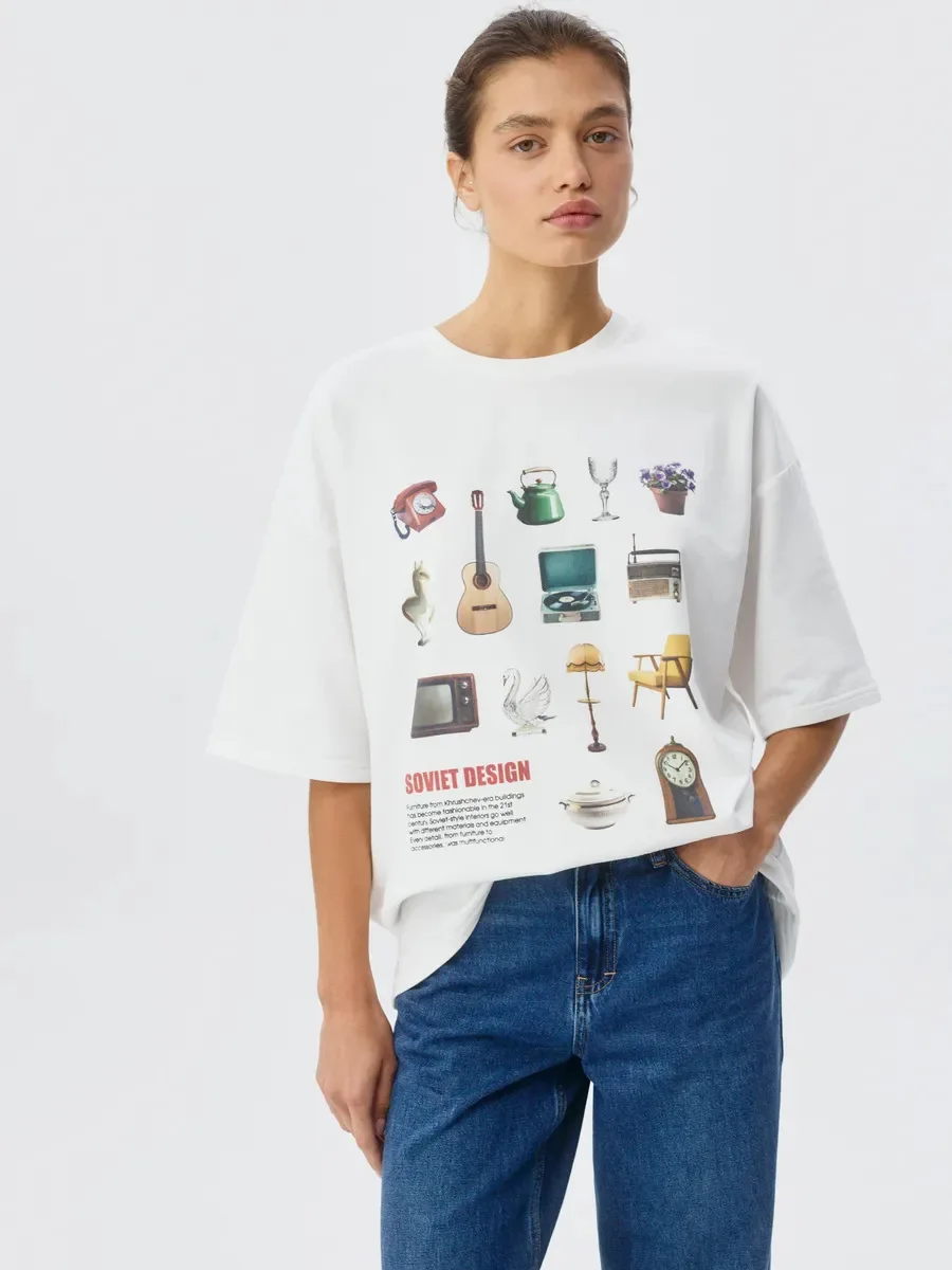 T-shirt imprimé ample, décontracté et tendance, en coton, haut pour femme, col rond, absorbant la transpiration, nouvelle arrivée estivale