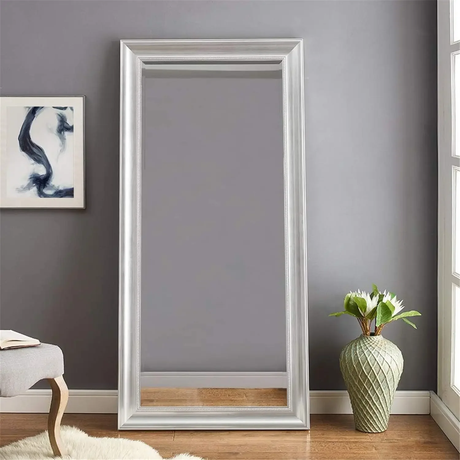 Beaded Framed Floor Mirror Silver Floor Mirror Full Length XL Mirror Huge Mirrors for Bedroom Large Frame Oversize Mirrors