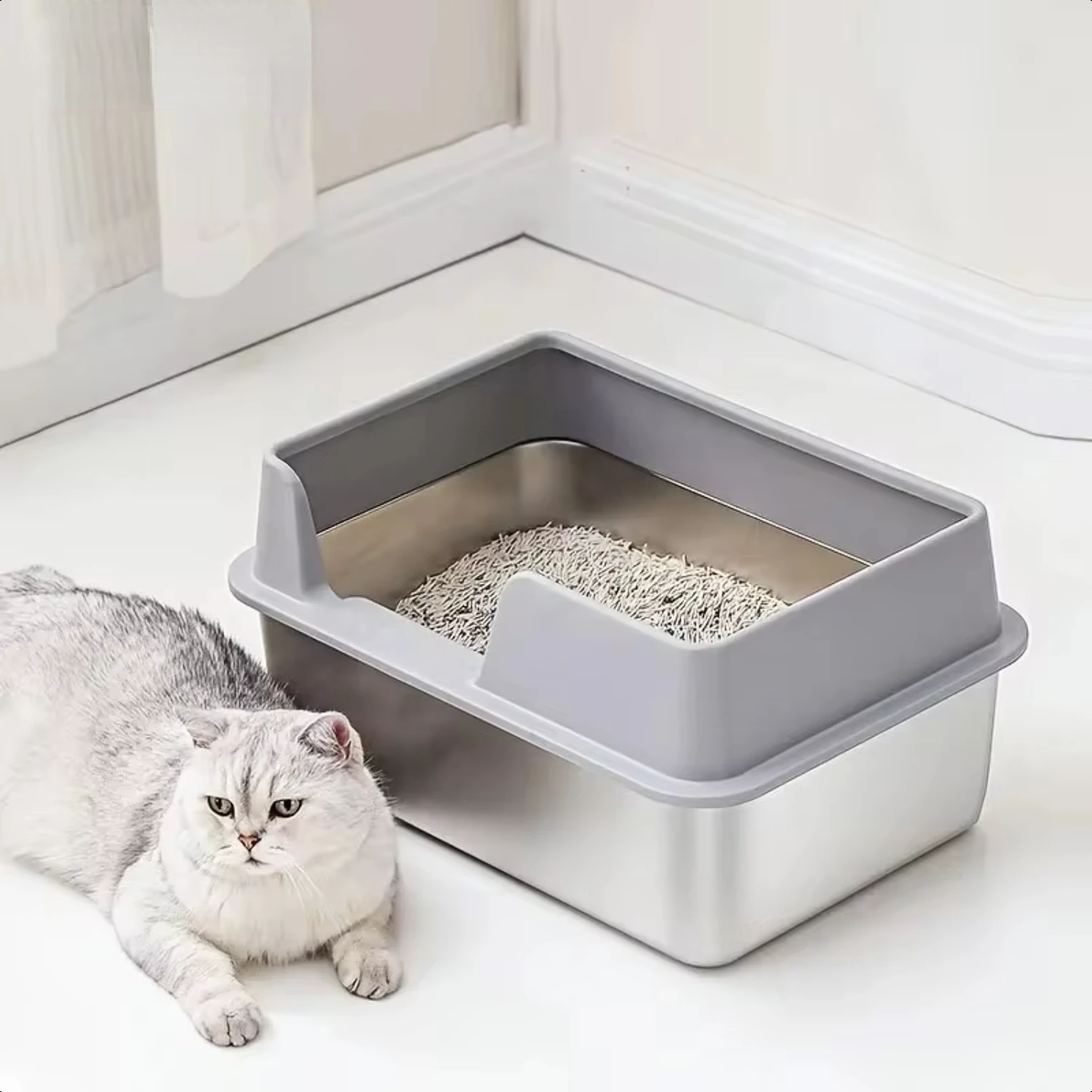 

Extra Large Stainless Steel Cat Litter Box with High Wall Enclosure Non-Stick Leak Proof Easy to Clean Includes Lid