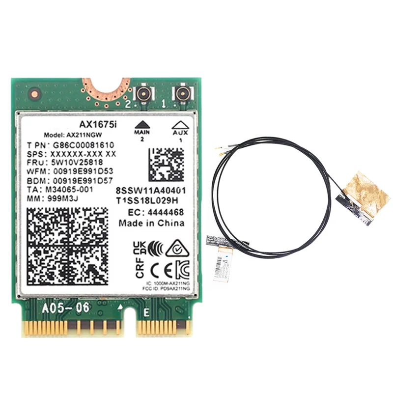 

AX1675I WIFI Card+2XAntenna WiFi 6E M.2 Key E CNVio 2 Tri Band 2.4G/5G/6Ghz Wireless Card AX211 BT 5.2 Support Win 10