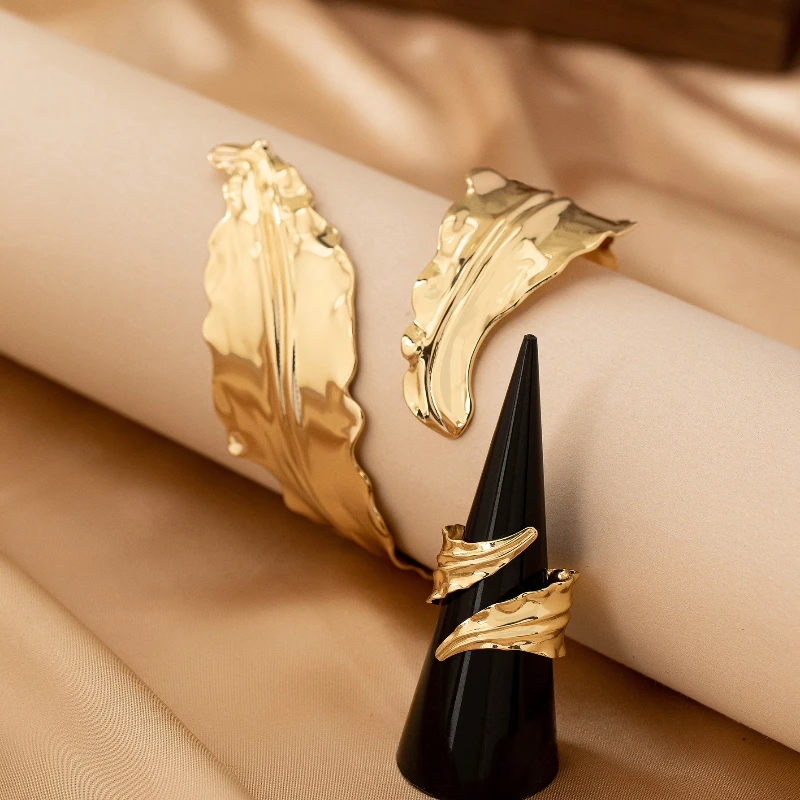 2 Pieces/set of Fashionable Irregular Leaf Opening Bracelets and Rings, Women's Personalized Trendy Jewelry Accessories