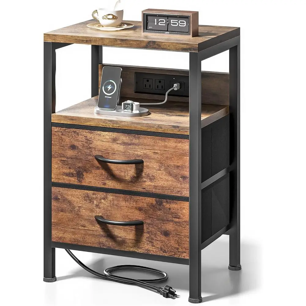 NightStand Bede Charging Table Bedroom - Brown Night Stand with Station, Side End Table with Open Shel & 2 Drawers, USB-C Port f