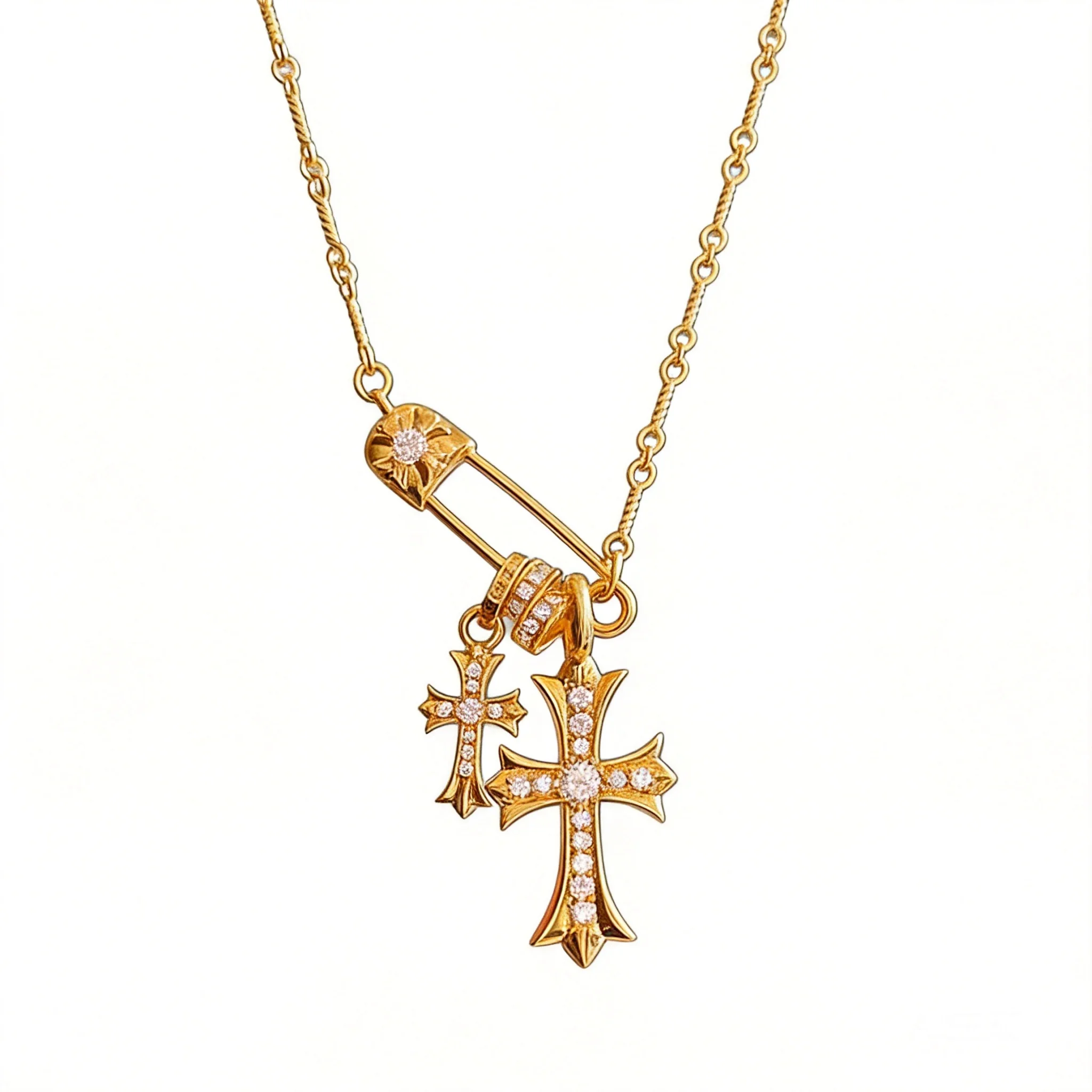 

Lucky Auspicious Gold Plated Safety Pin Double Cross Pendant Necklace Micro Inlaid Zircon Dainty Clavicle Chain For Women Trendy