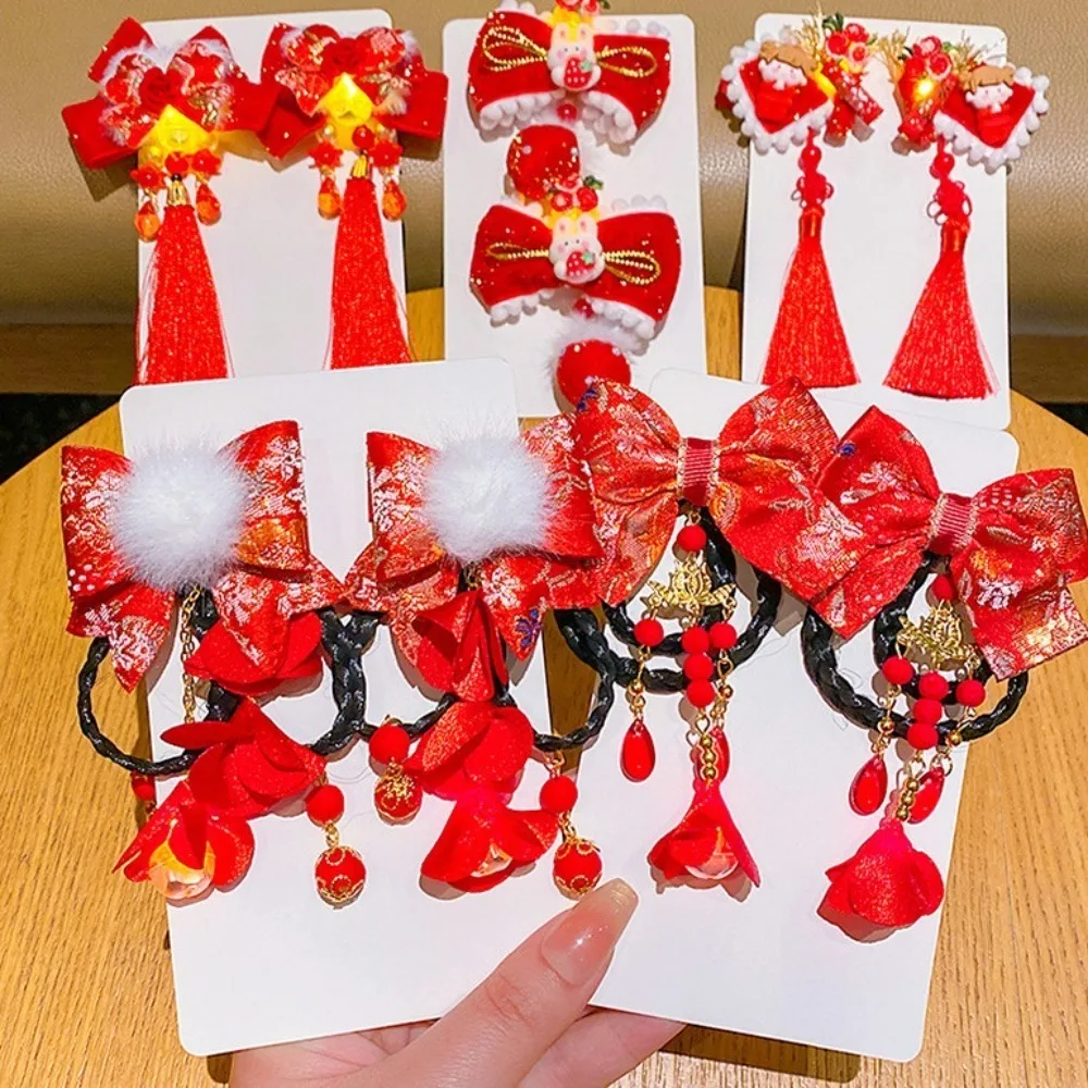 Cosplay Ancient Style Children's New Year Hairpin Red Wig Braid Luminous Hair Clips Bow Cute Girls Hanfu Headwear Kids