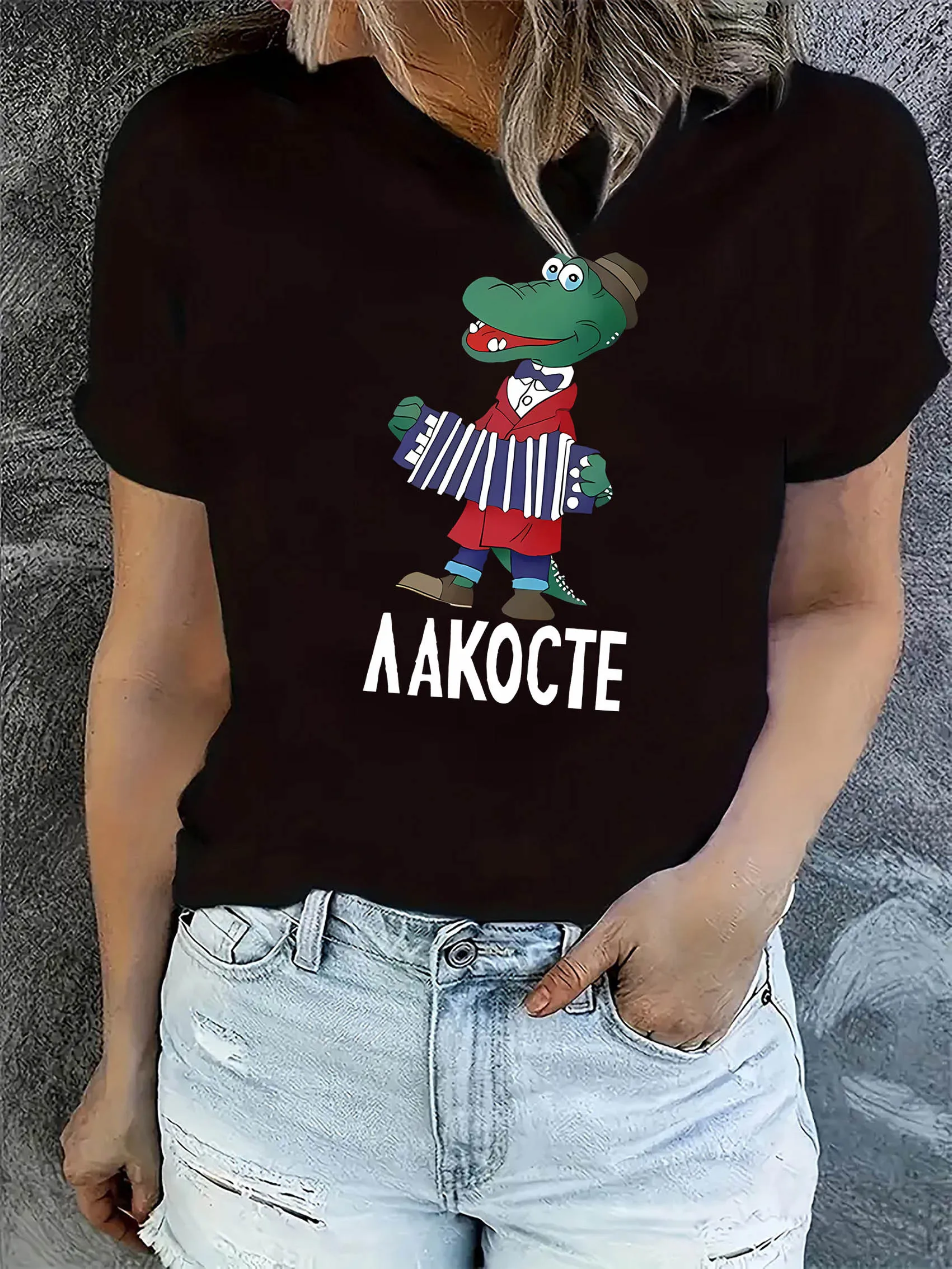 Instrumento criativo padrão de crocodilo impresso feminino elegante em torno do pescoço manga curta, simples casual esportes camiseta