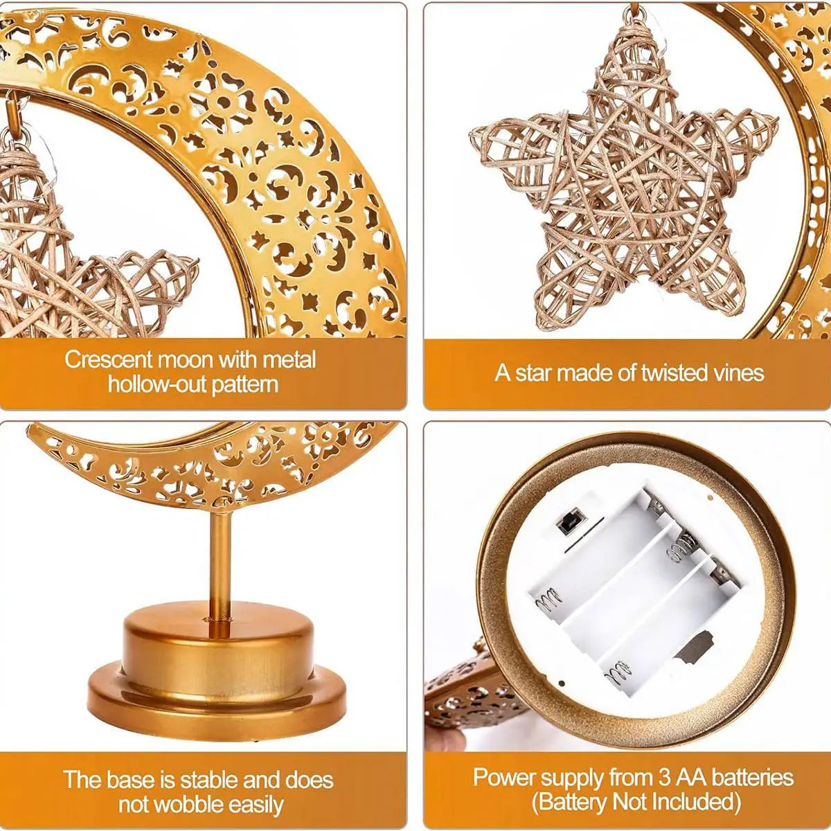 1pc Decorative Table Lamp LED Crescent Lamp Rattan Star Battery Powered Night Light For Home Eid Ramadan Party Festival Decor