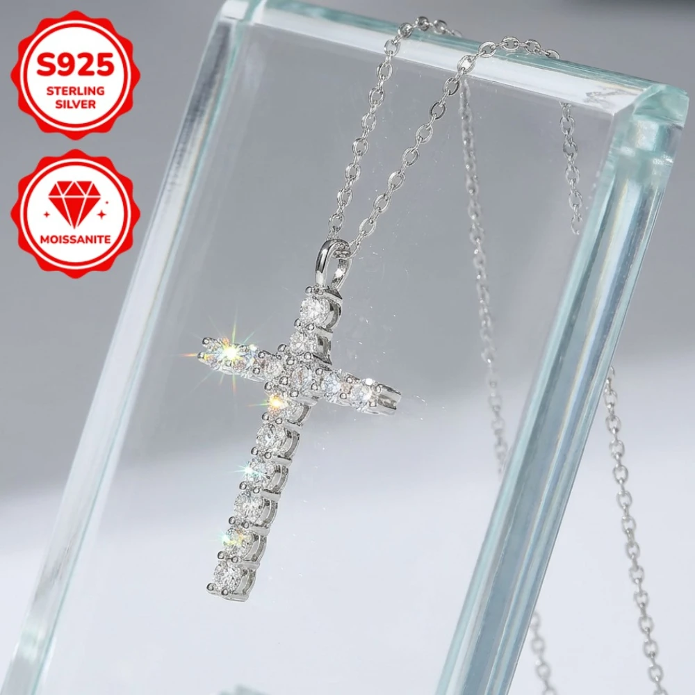 

1pc 0.8 Carat EExquisite Cross S925 Silver Moissanite Pendant Necklace, The Perfect Holiday Gift and Back-to-school Present.