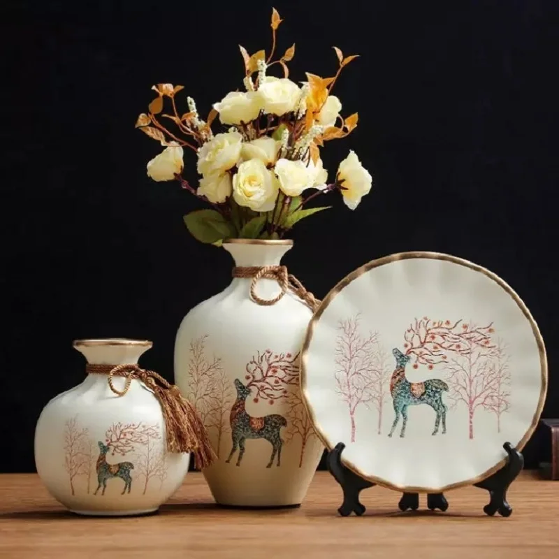 3Pcs）European Ceramic Vase Dried Flowers Flower Arrangement Wobble Plate Living Room Entrance Ornaments Home Decorations