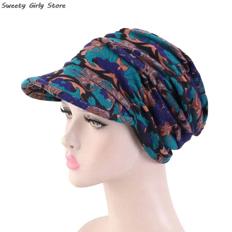 Ethnic Style Earflap Hat Women Floral Pleated Visors Caps Windproof Warm Turban Hats Comfortable Beret Cap Foldable Headwear