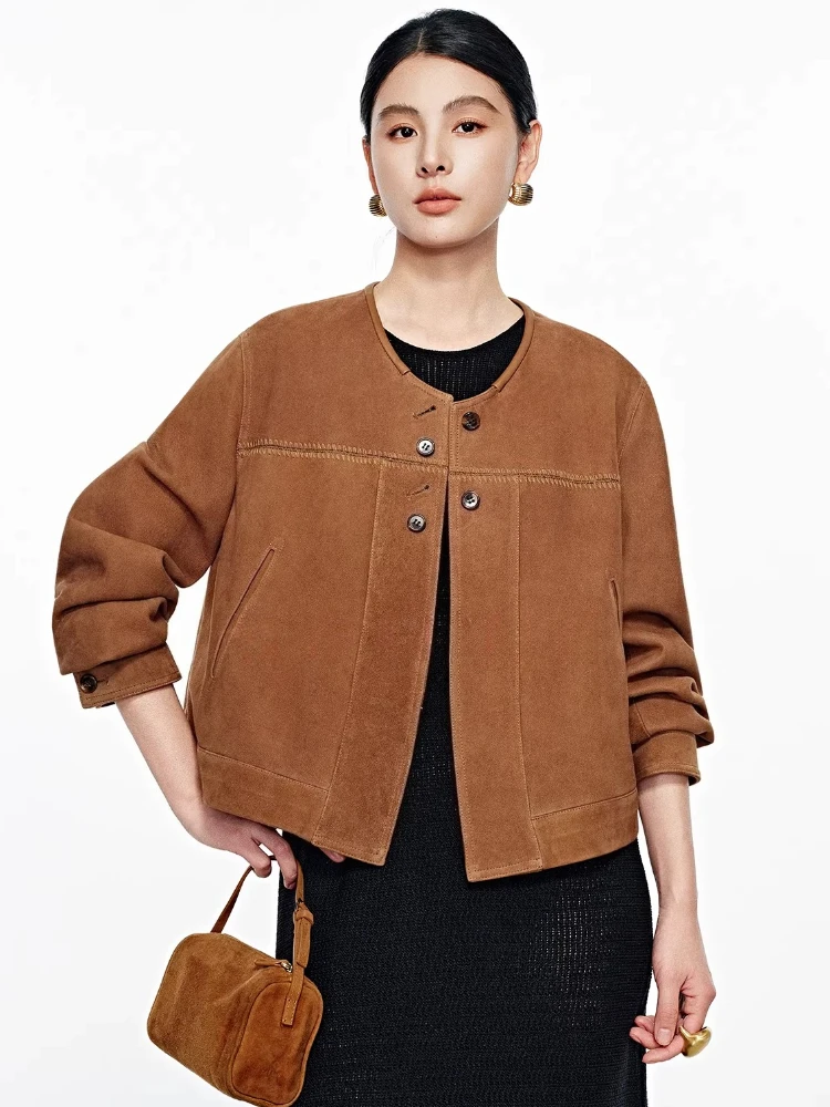 

Vintage O-neck Genuine Leather Jackets for Women Spring Autumn 2026 New High-end Simple Slim Short Real Sheepskin Suede Coat