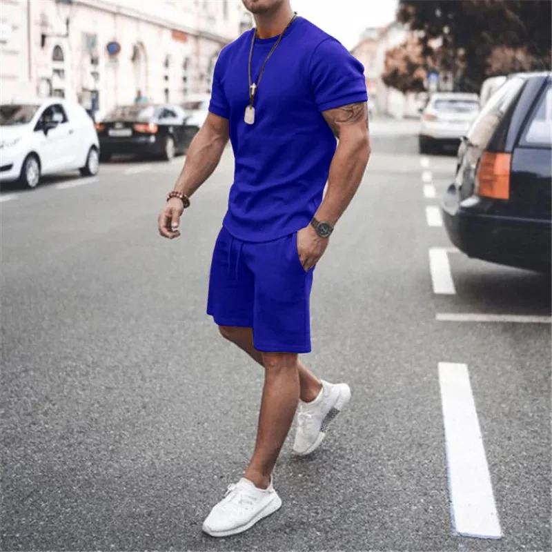 Solid Color Europe and The United States Men's 13 Color Summer New Short Sleeve Tshirt +Shorts 2pcs Set Leisure Sports Men Suit image 5