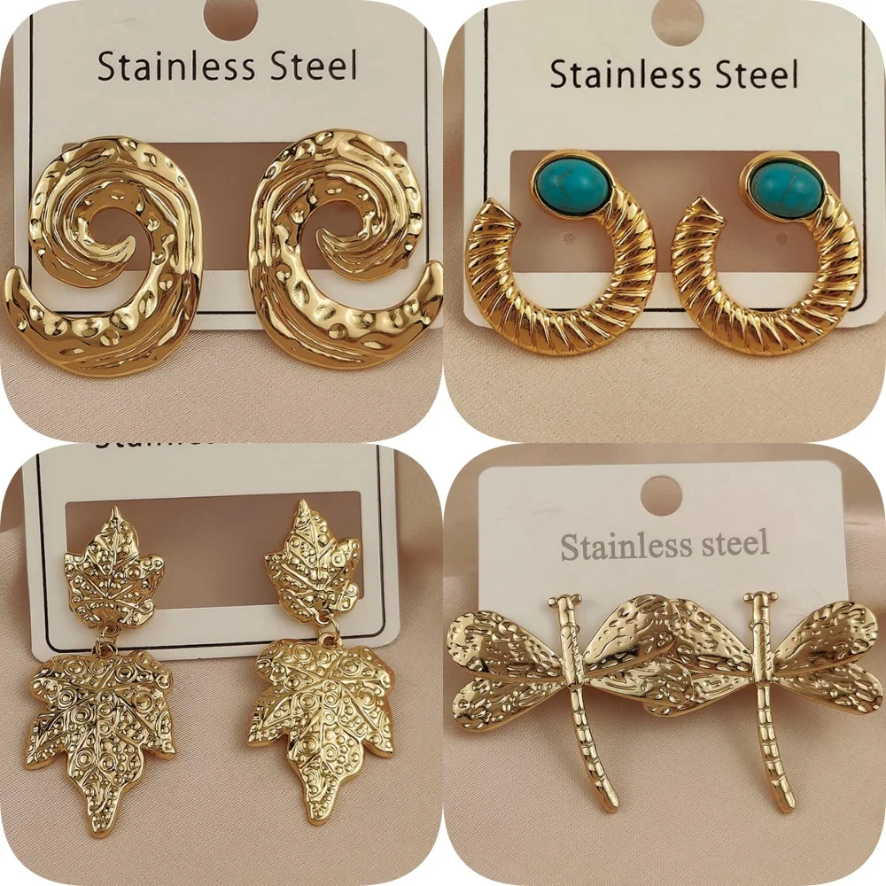 Charming heavy metal maple leaf dragonfly 18K women's earrings, waterproof and non-fading stainless steel, wife gift