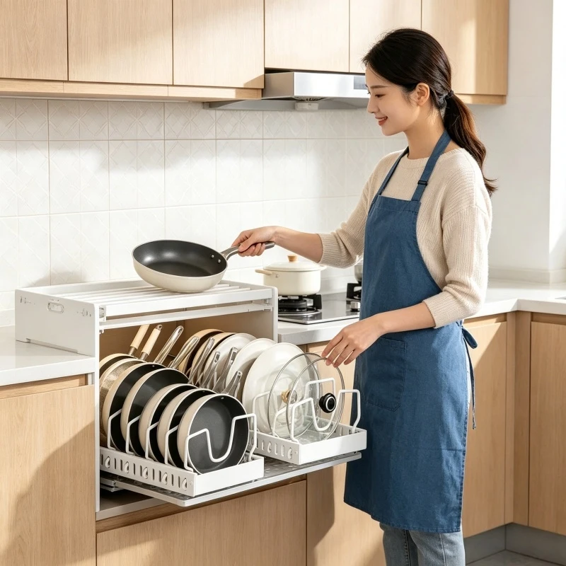 Under Cabinet Sliding Pots and Pans Organizer - Pull Out Kitchen Storage Tray with 8 Adjustable Dividers for Lids and Cookware