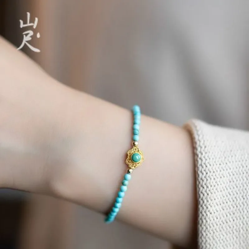 Natural Turquoise Fine Bracelet Women's Single Circle Green Jewelry Niche Noble String Buddha Pearl Wen Play Ruyi Hand Rope