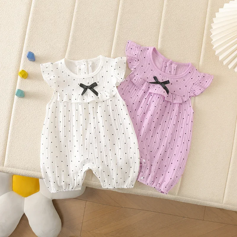 2026 Summer Baby Clothes Girls Dot Bow Romper 0-24M Newborn 100% Cotton O-neck Flutter Sleeve One Piece Bodysuit