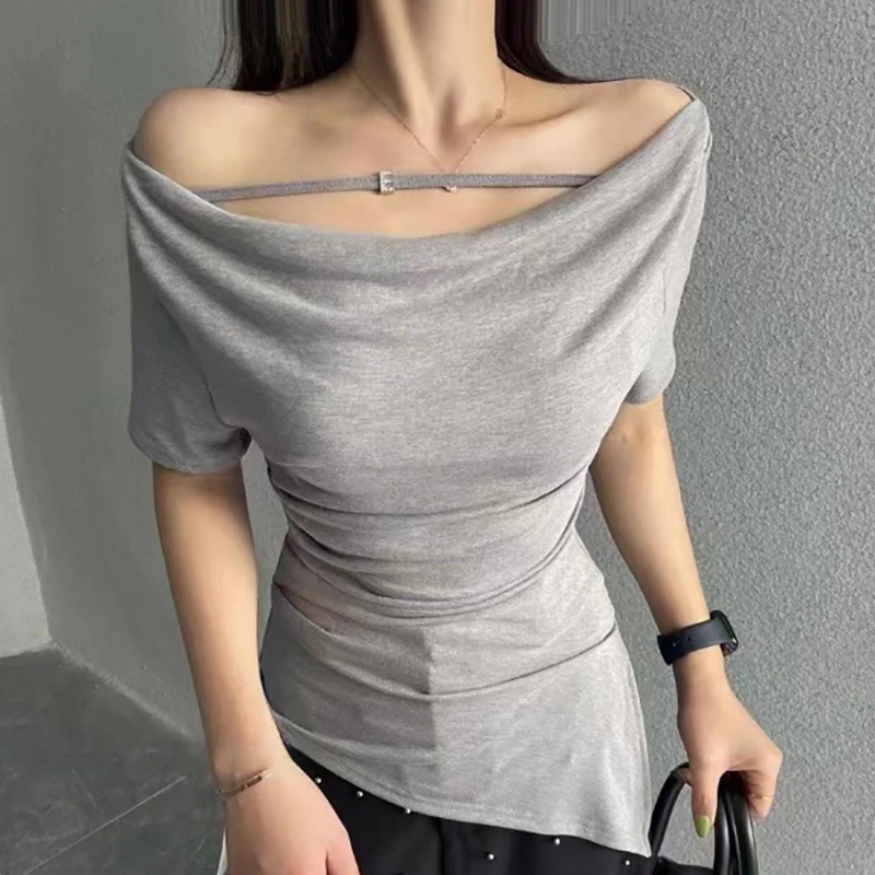 

T Shirts For Women Clothes Slim Short Sleeve Sexy Off Shoulder T Shirt Summer Tops Elastic Slit Tee Shirt Femme Camisetas Mujer