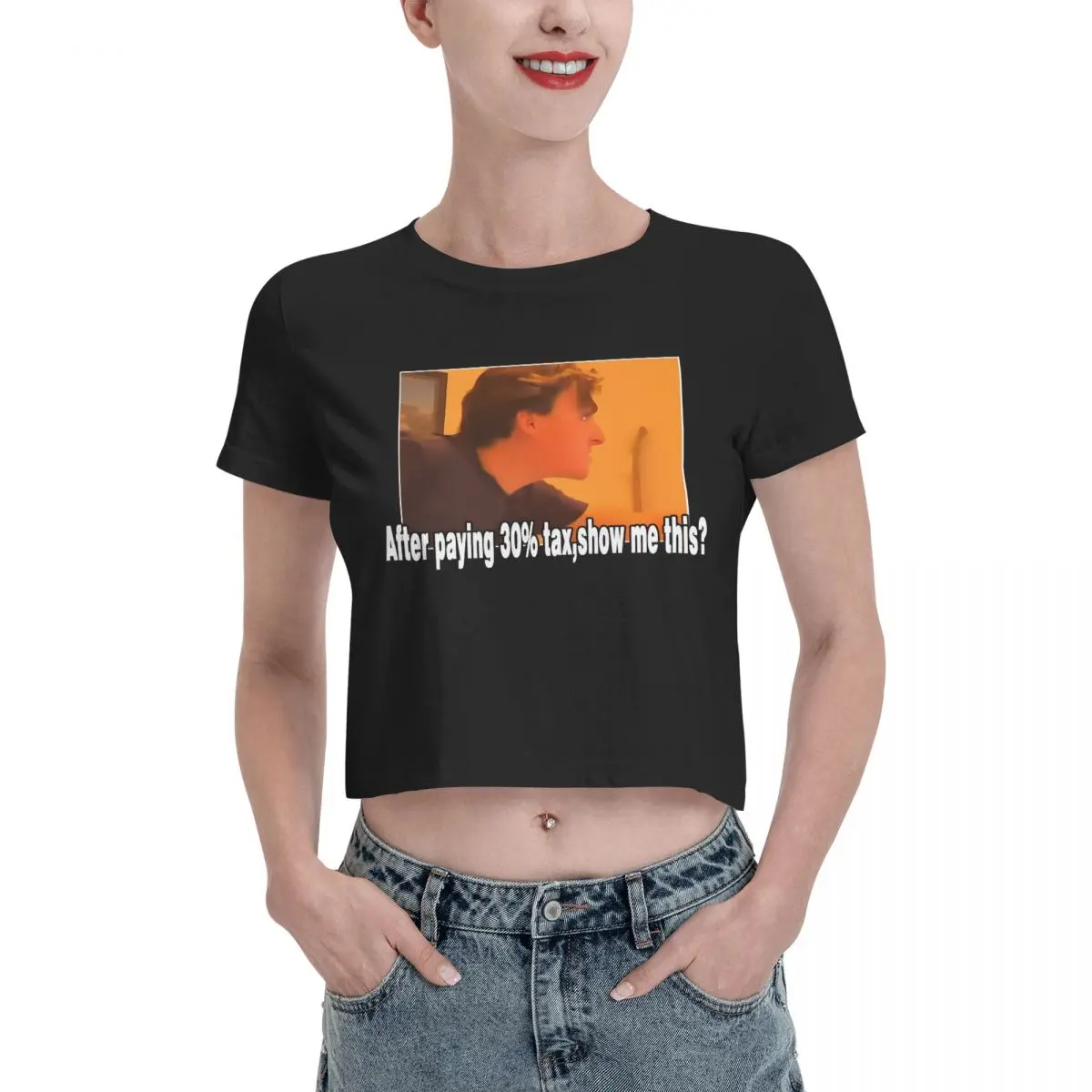 

After Paying 30% Tax Show Me This Tshirt Cartoon Graphic Tees Female Crop Top,Leak navel T-shirt