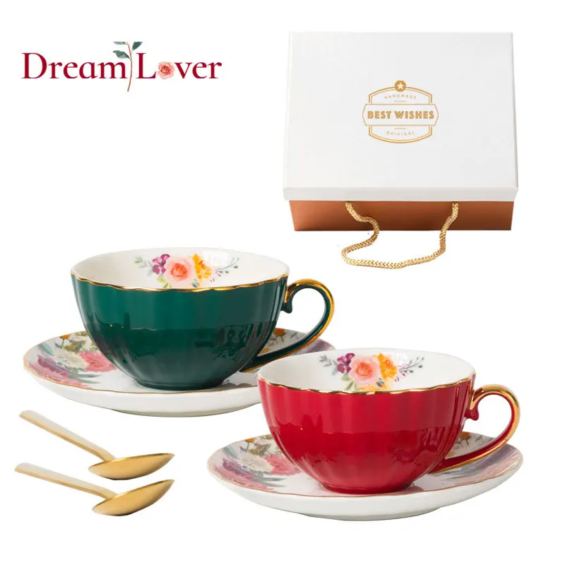 

Ceramic neo-bone china European light luxury coffee cup and saucer set vintage flower tea latte cup wedding gift box