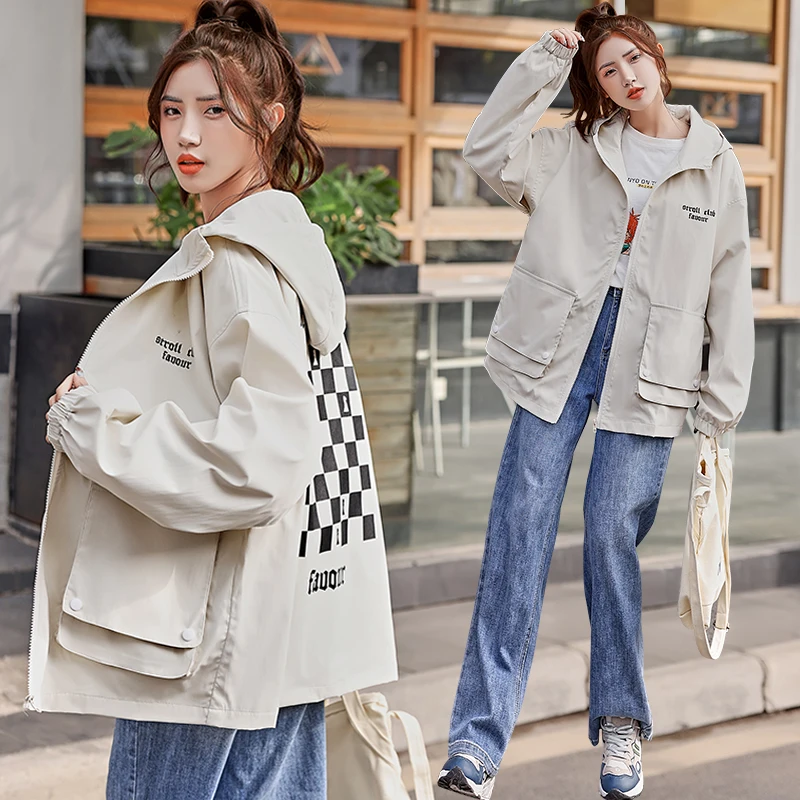 

Casual Work Jacket Spring Autumn Coats 2022 New Student Loose Hooded Windbreaker For Women's Clothing Girls Outerwear p53