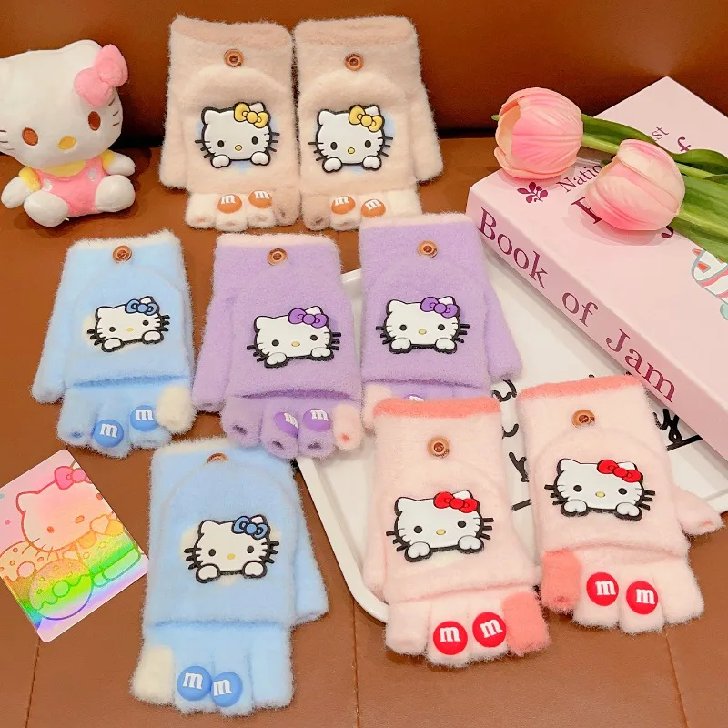

Hello Kitty 2025 Girls Thermal Half Finger Gloves Winter Warm Set Fashionable and warm, a Christmas gift for children